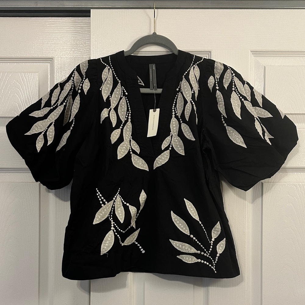 Anthropologie Black Blouse with White Leaf Design